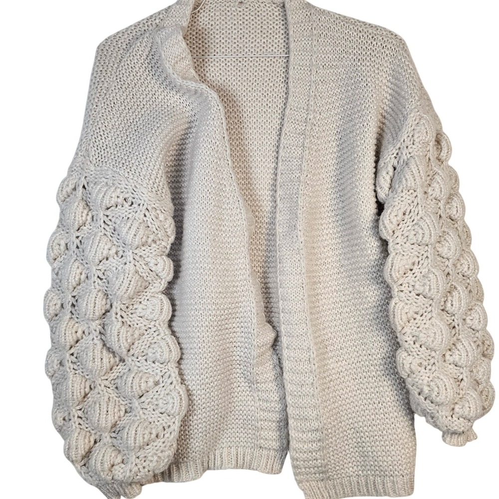 Handmade Chunky Knit Bubble Sleeve Cardigan Cream Open Front Sweater Small Hole